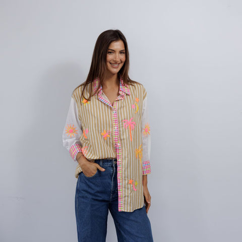 Embroidered Beige Stripe Shirt