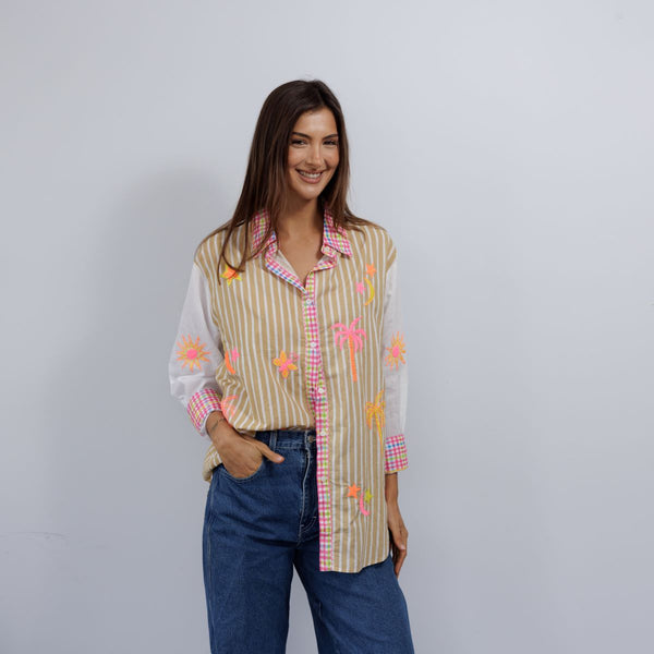 Embroidered Beige Stripe Shirt