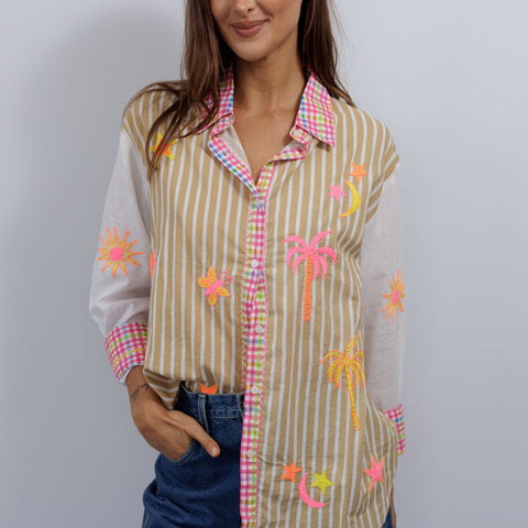 Embroidered Beige Stripe Shirt