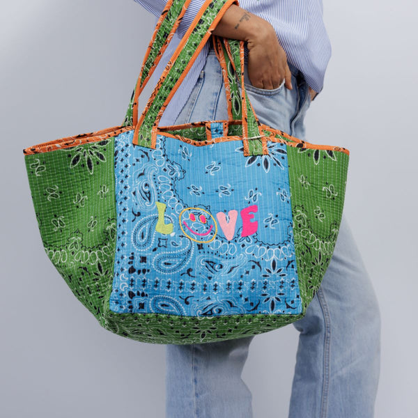 LOVE quilted Cotton Tote Blue/Green