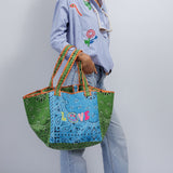 LOVE quilted Cotton Tote Blue/Green