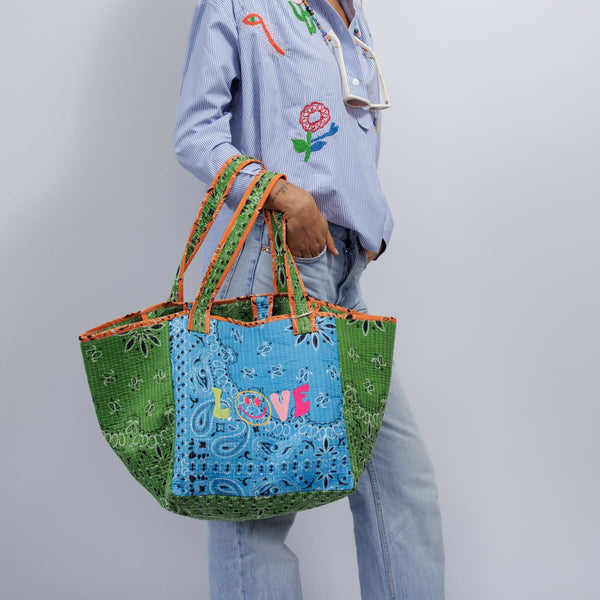 LOVE quilted Cotton Tote Blue/Green
