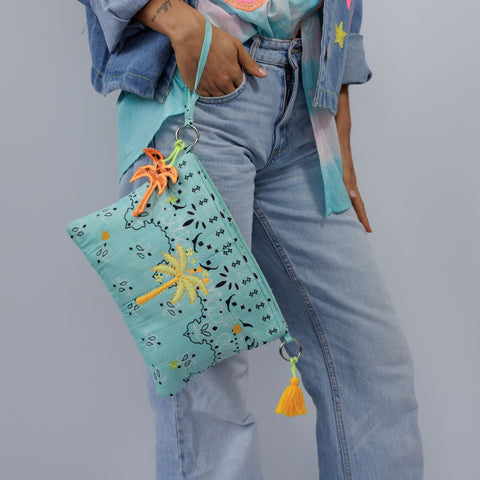 Quilted Embroidered pouch Blue