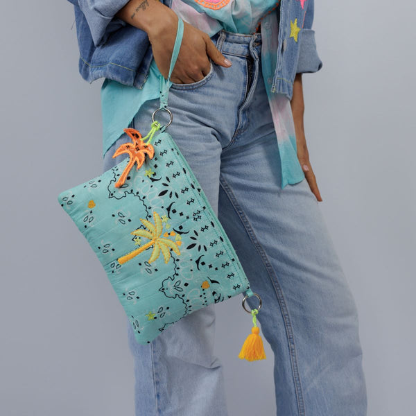 Quilted Embroidered pouch Blue