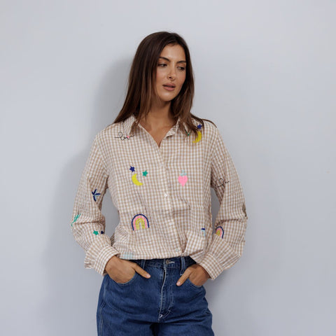 Gingham embroidered motif shirt