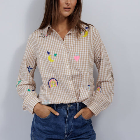 Gingham embroidered motif shirt