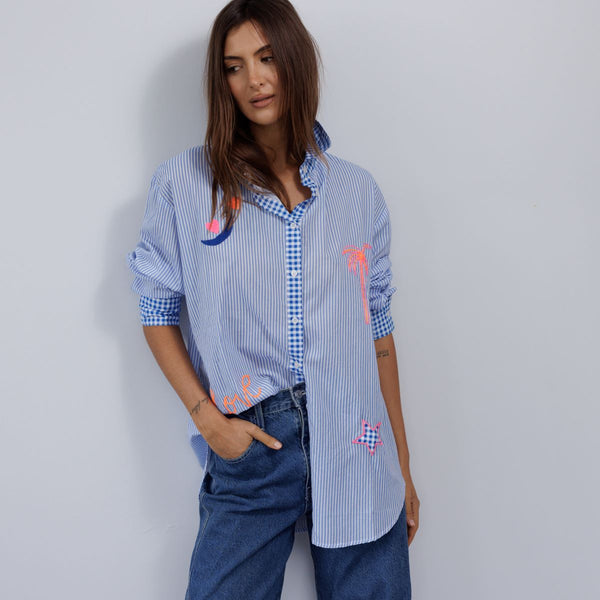 Stripe embroidered motif shirt Blue