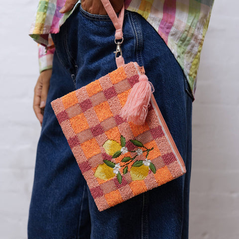 Zoda 'Checked Lemon' Beaded Clutch