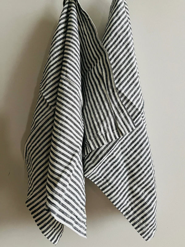 Pure French Linen Pin Stripe  Tea Towel - Charcoal