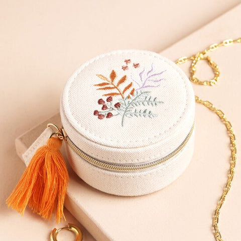 Lisa Angel- Embroidered Leaves Mini Round Linen Travel Jewellery Case