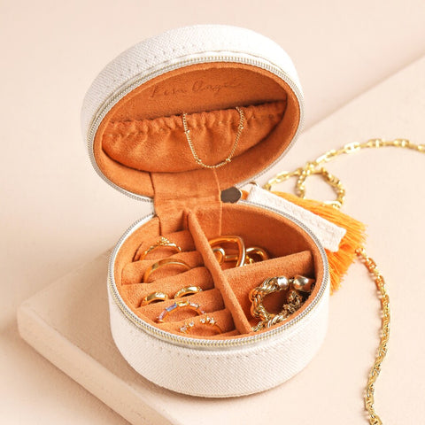Lisa Angel- Embroidered Leaves Mini Round Linen Travel Jewellery Case