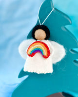 Tara Treasures-  Felt Waldorf Diversity Angel with Rainbow - Black Hair