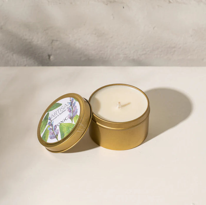 INARTISAN-HAND POURED SOY CANDLE IN TRAVEL TIN - BRASS
