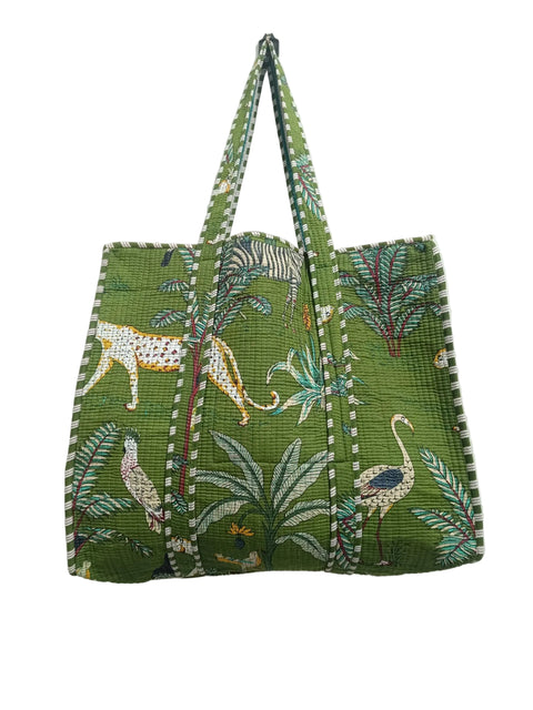Cotton Tote Bag Green Tiger Print