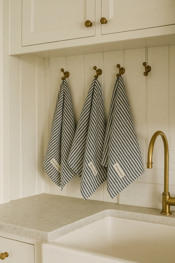 Pure French Linen Pin Stripe  Tea Towel - Marine