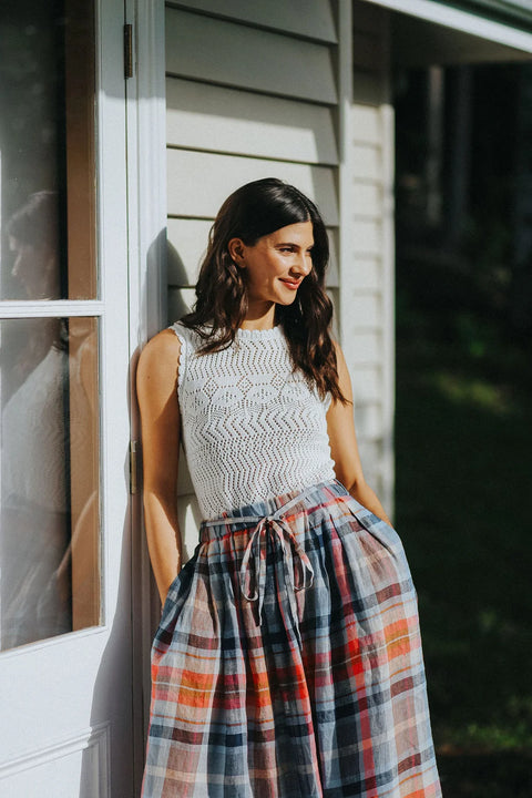 Amélie Multi Check Linen Skirt with Belt