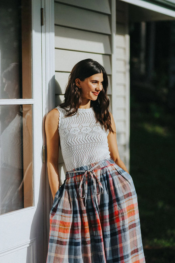 Amélie Multi Check Linen Skirt with Belt