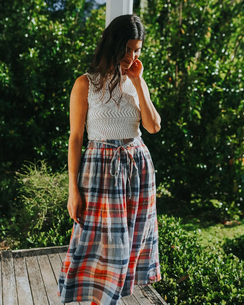 Amélie Multi Check Linen Skirt with Belt