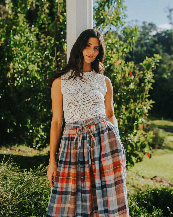 Amélie Multi Check Linen Skirt with Belt