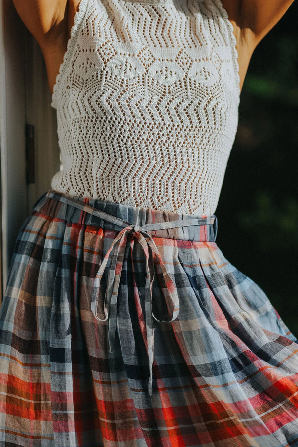 Amélie Multi Check Linen Skirt with Belt