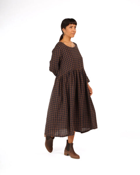 Journee French Linen Dress in Blue Brown Check