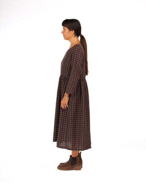 Journee French Linen Dress in Blue Brown Check