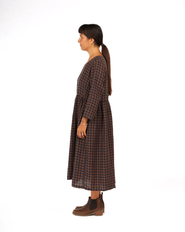 Journee French Linen Dress in Blue Brown Check
