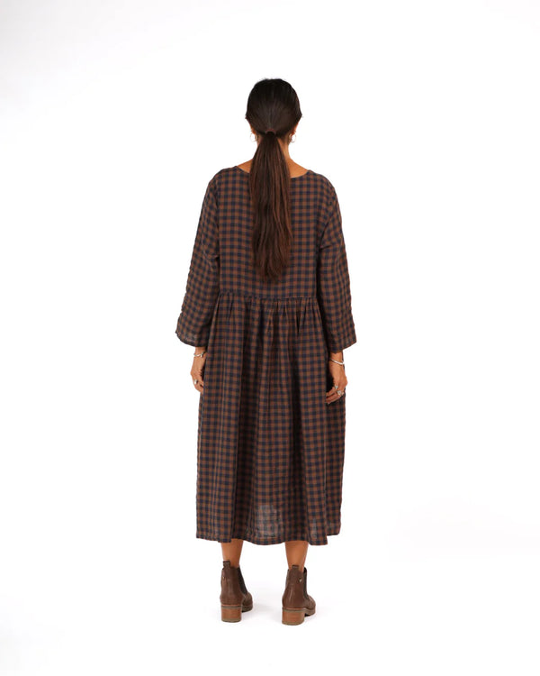 Journee French Linen Dress in Blue Brown Check