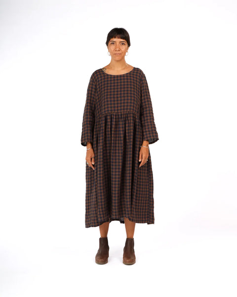 Journee French Linen Dress in Blue Brown Check