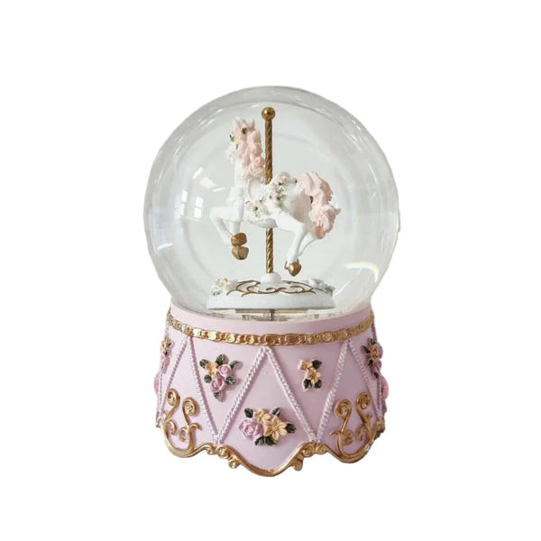White Horse and Pink Musical Snow Globe