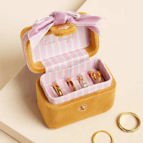 Mustard and Pink Velvet Bow Travel Ring Box