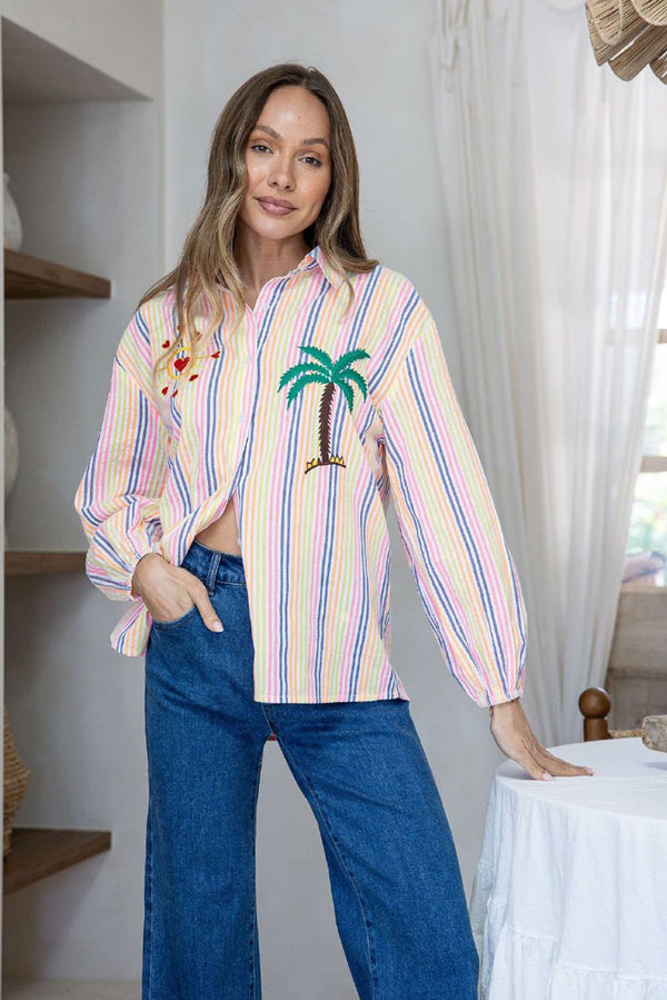 Palm Embroidery Multi Stripe Shirt