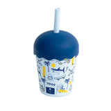Children's tumbler with a blue lid and colorful pattern on a white background