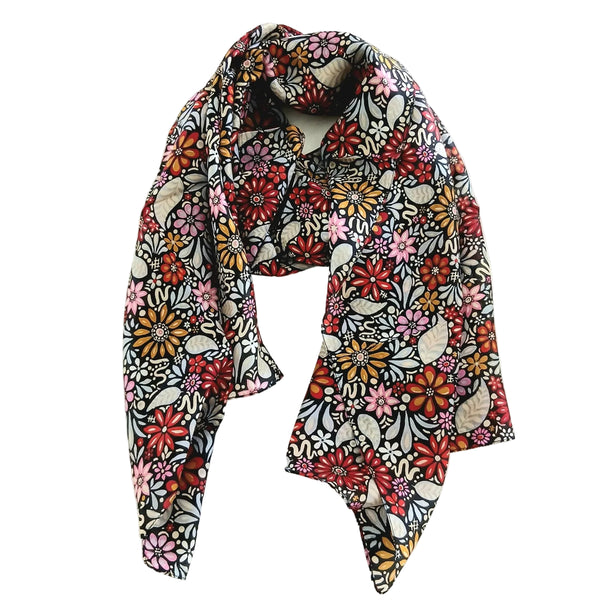 Silk Scarf Floral Fields Black