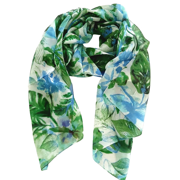 Silk Scarf Autumn Leaves Green/Blue