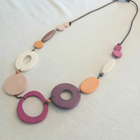 Circles Wooden Beaded Necklace Pink