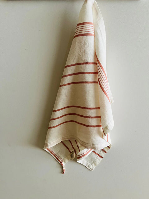 Pure French Linen Stripe  Tea Towel - Rust