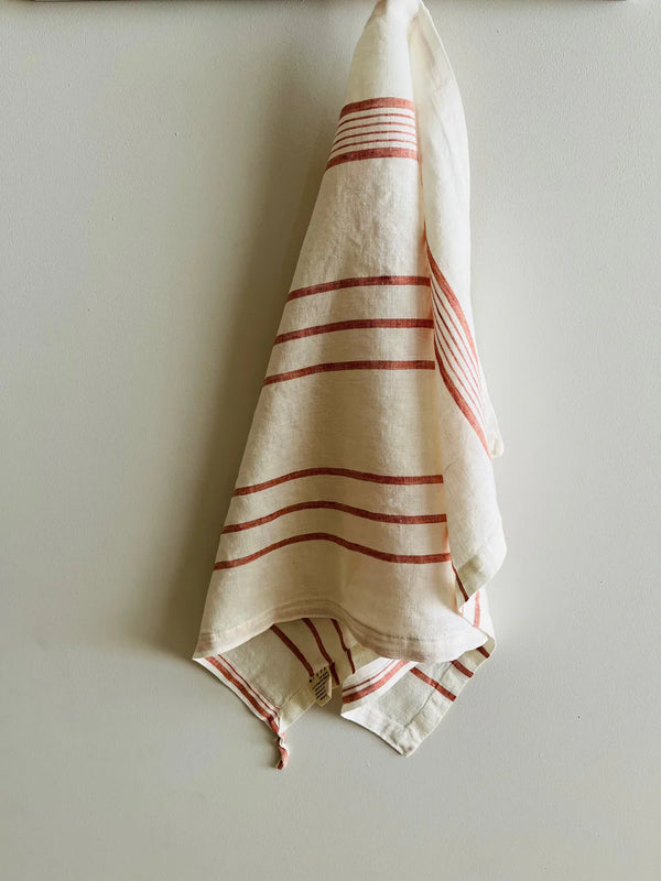 Pure French Linen Stripe  Tea Towel - Rust