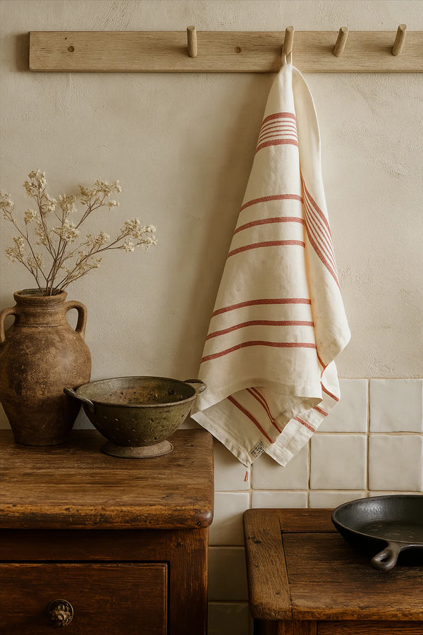 Pure French Linen Stripe  Tea Towel - Rust