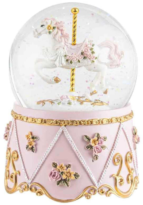 White Horse and Pink Musical Snow Globe