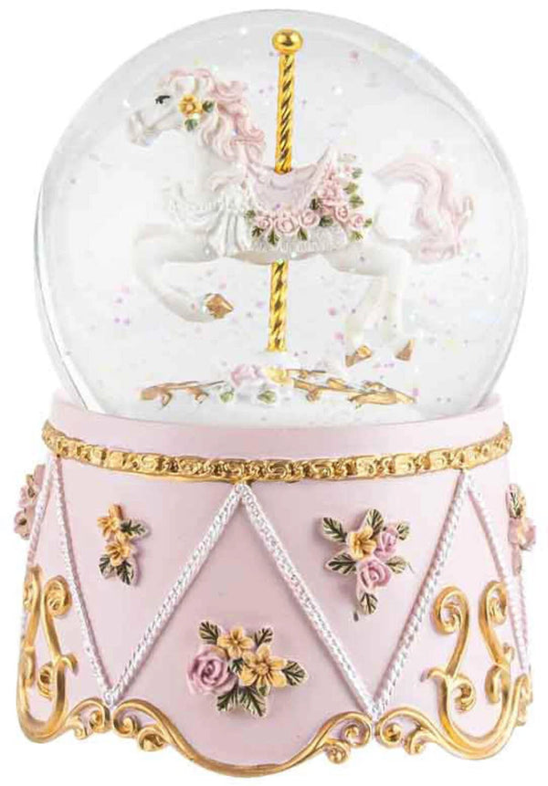 White Horse and Pink Musical Snow Globe
