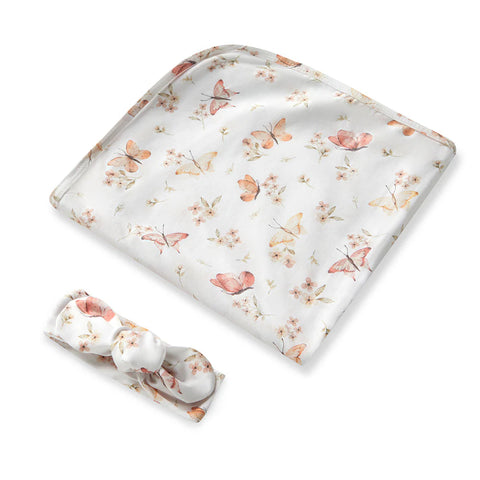 Snuggle Hunny- Butterfly Organic Jersey Wrap & Topknot Set