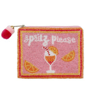 Beaded pouch with cocktail design and 'Spitz Please' text on a white background