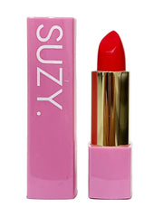 Red lipstick with pink packaging featuring the brand 'SUZY' on a white background