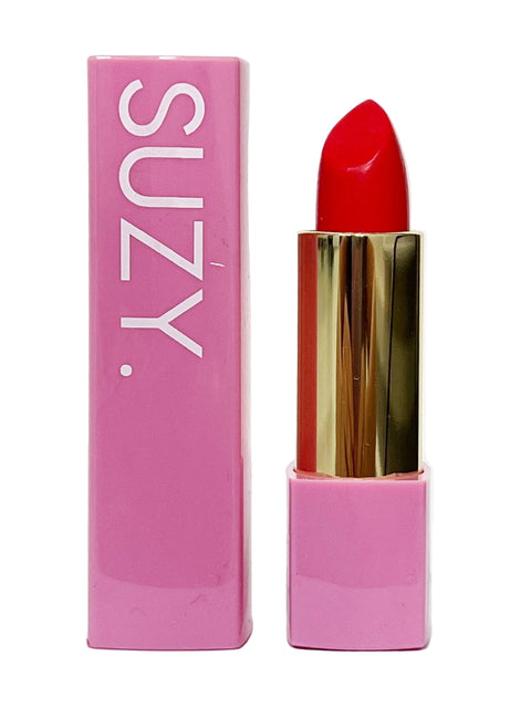 Red lipstick with pink packaging featuring the brand 'SUZY' on a white background