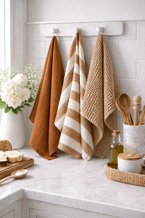 Pure French Linen Tea Towel - Wide Toffee Stripe