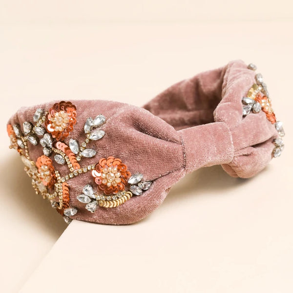Vintage Pink Velvet Floral Beaded Headband