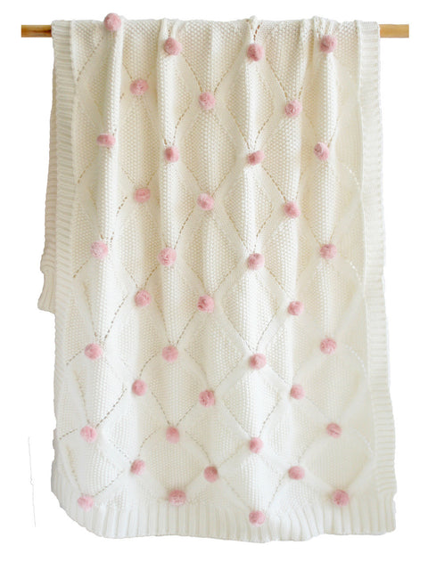 Alimrose Organic Cotton Knitted Pom Pom Blanket-Ivory/Pink
