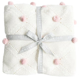 Alimrose Organic Cotton Knitted Pom Pom Blanket-Ivory/Pink