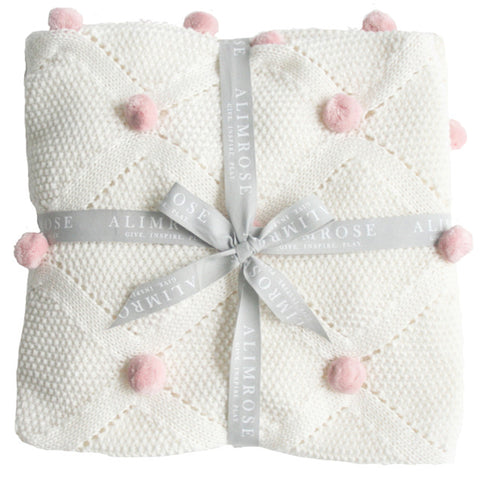 Alimrose Organic Cotton Knitted Pom Pom Blanket-Ivory/Pink